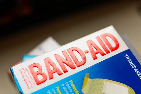 stock image July 11, 2024, Paraguay. In this photo illustration, a view of a box of Johnson & Johnson Band-Aid bandages.