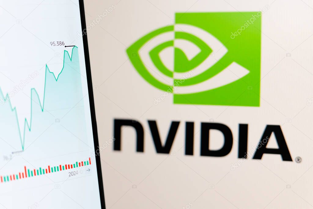 July 18, 2024, Paraguay. In this photo illustration, the stock market information seen displayed on a smartphone with Nvidia Corporation logo in the background