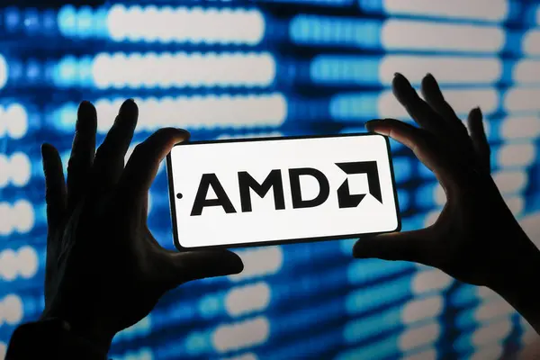 stock image August 1, 2024, Paraguay. In this photo illustration, the Advanced Micro Devices, Inc. (AMD) logo is displayed on a smartphone screen