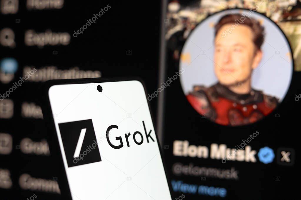 August 5, 2024, Paraguay. In this photo illustration, the Grok logo seen displayed on a smartphone with the official profile of Elon Musk, of the social network X In the background