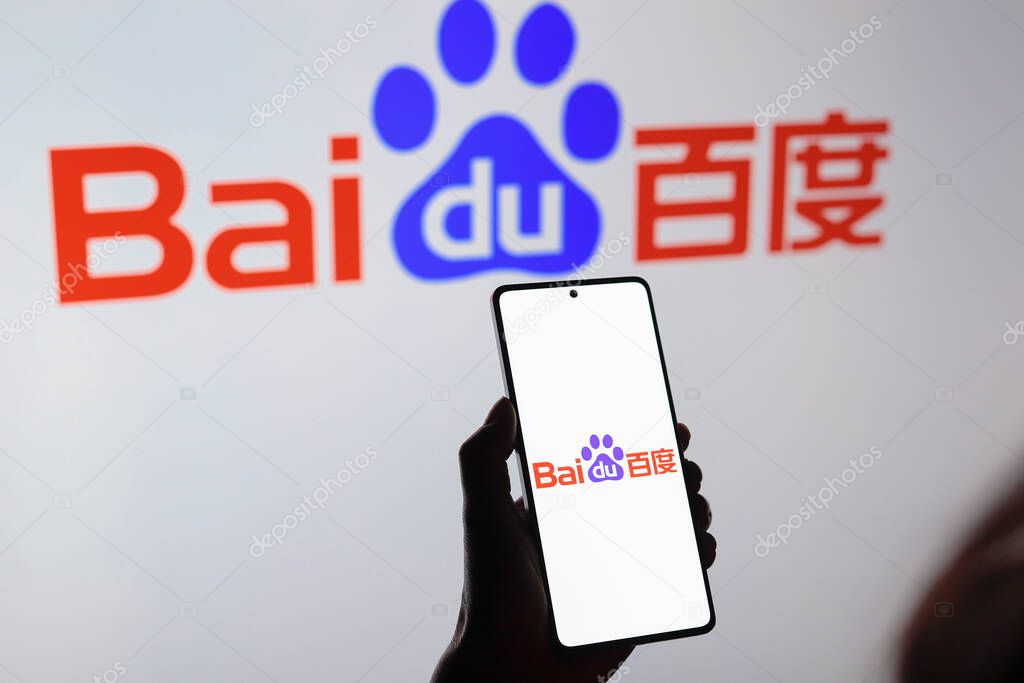 August 15, 2024, Paraguay. In this photo illustration, the from the Baidu, Inc. logo is displayed on a smartphone screen and in the background