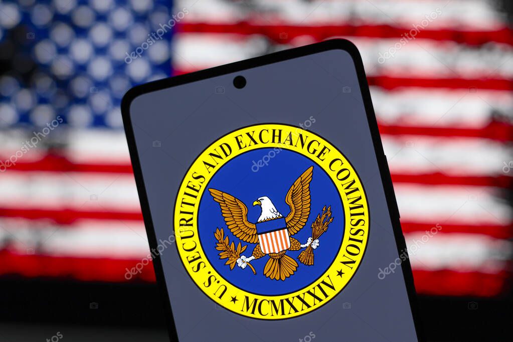 August 15, 2024, Paraguay. In this photo illustration, the United States Securities and Exchange Commission (SEC) logo is displayed on a smartphone screen and in the background the flag of the United States of America (USA)