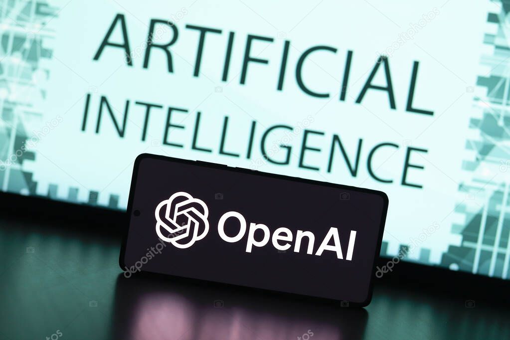 August 31, 2024, Paraguay. In this photo illustration, the OpenAI logo is displayed on a smartphone screen and in the background the text artificial intelligence