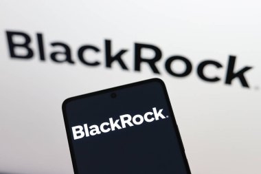 September 3, 2024, Paraguay. In this photo illustration, the BlackRock, Inc. logo is displayed on a smartphone and in the background clipart