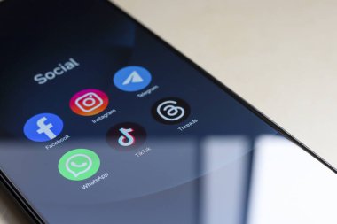 8 Ekim 2024, Brezilya. Bu resimde, Facebook, Instagram, WhatsApp, TikTok ve Threads uygulamalarının logosu akıllı telefon ekranında gösteriliyor