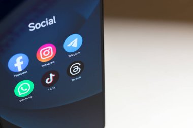 8 Ekim 2024, Brezilya. Bu resimde, Facebook, Instagram, WhatsApp, TikTok ve Threads uygulamalarının logosu akıllı telefon ekranında gösteriliyor