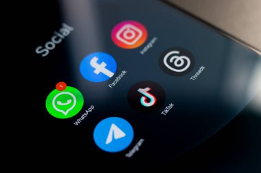 8 Ekim 2024, Brezilya. Bu resimde, Facebook, Instagram, WhatsApp, TikTok ve Threads uygulamalarının logosu akıllı telefon ekranında gösteriliyor