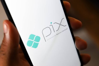 14 Ekim 2024, Brezilya. Pix logosu akıllı telefon ekranında sergileniyor. Brezilya 'da ani para transferi ve elektronik ödeme modu