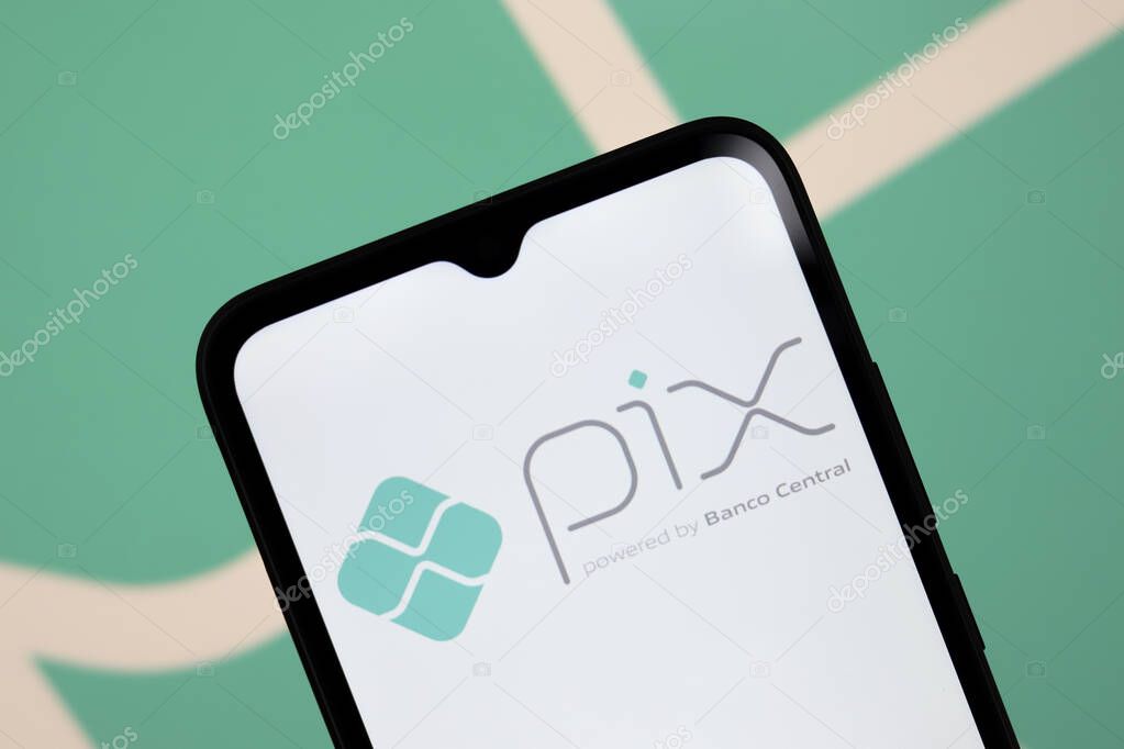 October 14, 2024, Brazil. The Pix logo is displayed on a smartphone screen. Is a mode of instant money transfer and instant electronic payment in Brazilian real