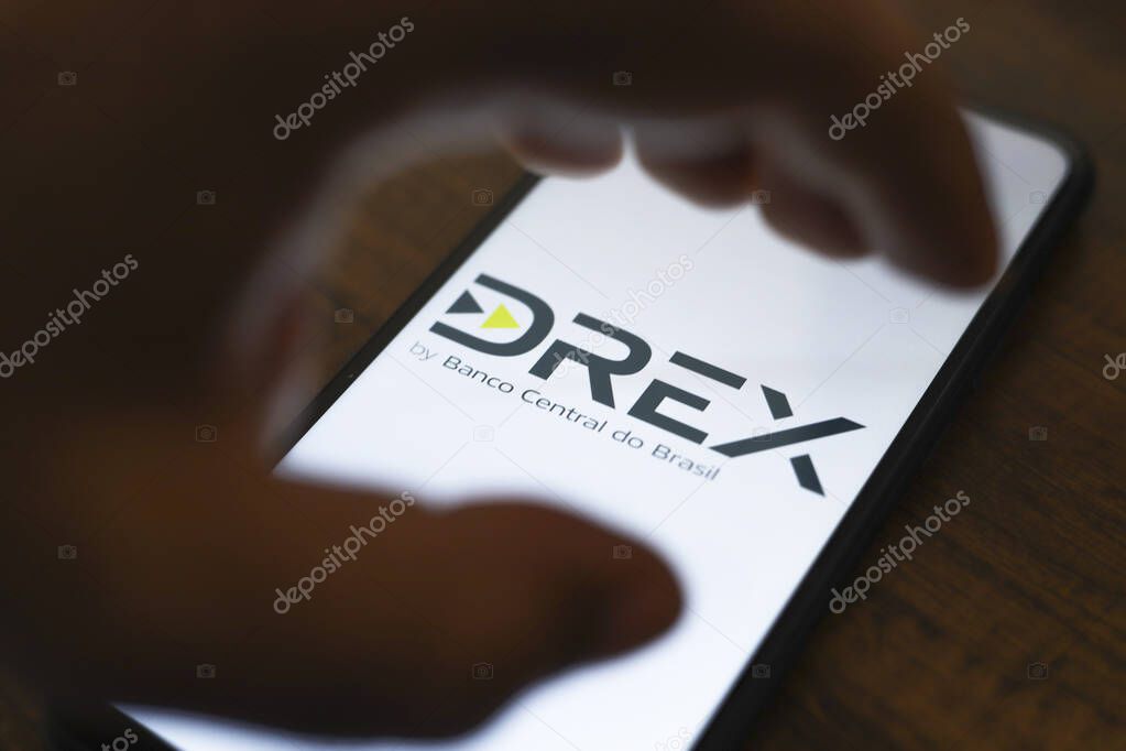 October 14, 2024, Brazil. The Digital Real X (Drex) logo is displayed on a smartphone screen. It is a Brazilian digital currency, to be used as the digital version of the Brazilian real