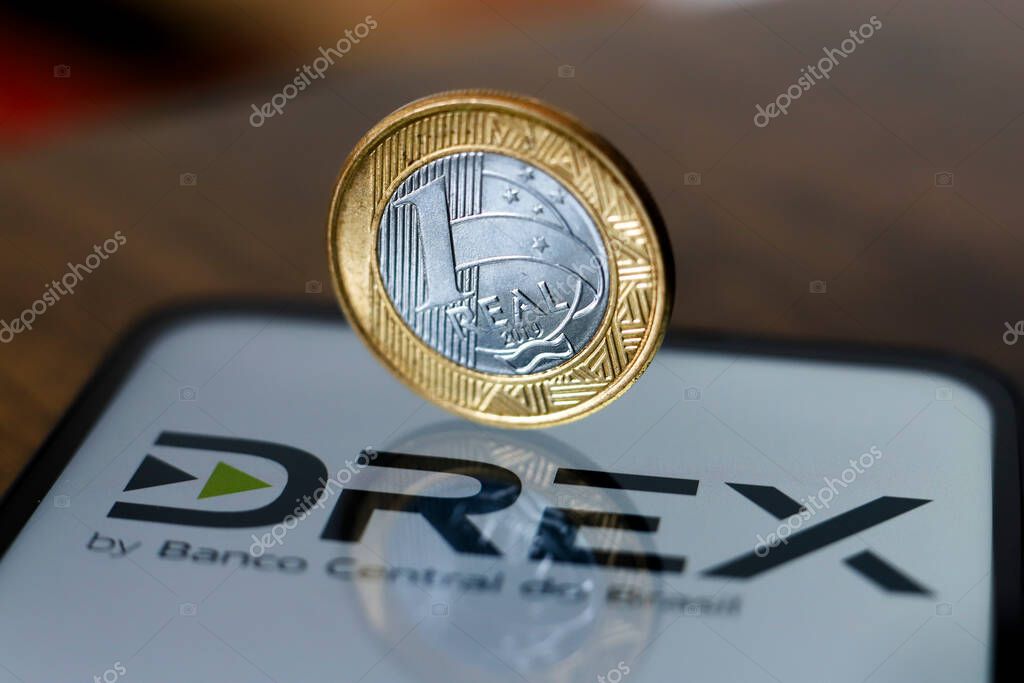 October 14, 2024, Brazil. The Digital Real X (Drex) logo is displayed on a smartphone screen. It is a Brazilian digital currency, to be used as the digital version of the Brazilian real