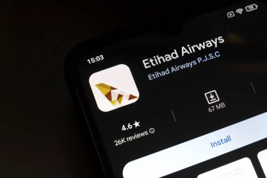 4 Kasım 2024, Brezilya. Bu fotoğraf illüstrasyonunda Etihad Havayolları uygulama logosu akıllı telefon ekranında görüntülenmektedir..