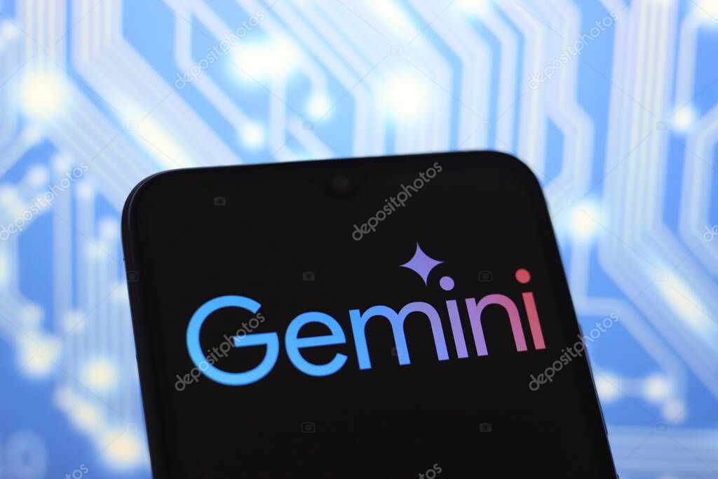 The Google Gemini logo is displayed on the screen of a smartphone, in Reno, United States, on November 21, 2024