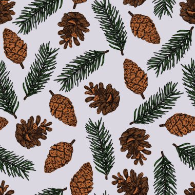 Yapraklı vektör noel kozalakları kusursuz desenli arka plan. Vektör illüstrasyonu