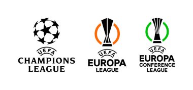Resmi UEFA Avrupa Kupası logoları. Avrupa futbol veya futbol turnuvası logosu - Şampiyonlar Ligi, UEFA Avrupa Ligi, Avrupa Konferansı Ligi.
