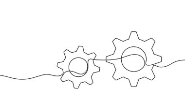 Vites bir çizgi çiziyor. Vites tekerleklerinin sürekli bir çizgisi. İki hareketli dişli dişli. Vektör illüstrasyonu.