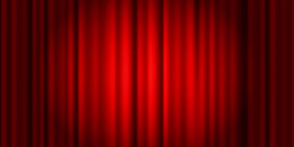 スポットライトビームとステージカーテン 舞台照明付きの劇場や映画館の現実的な閉じたカーテン 赤い生地が背景をドレープします ベクターイラスト — ストックベクタ