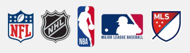Büyük Amerikan spor liglerinin resmi logoları. En iyi 5 Amerikan spor liginin logosu - NFL, NHL, NBA, MLB ve MLS. Vektör.
