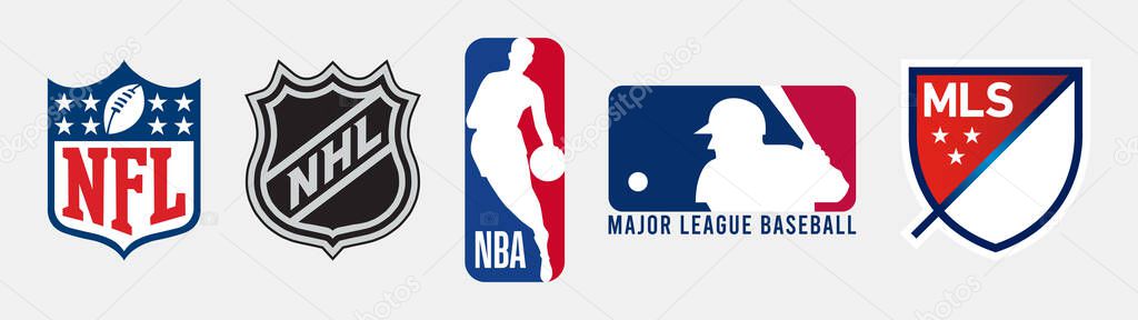 Official logos of major USA sports leagues. Logo of the top 5 American sports league - NFL, NHL, NBA, MLB and MLS. Vector.