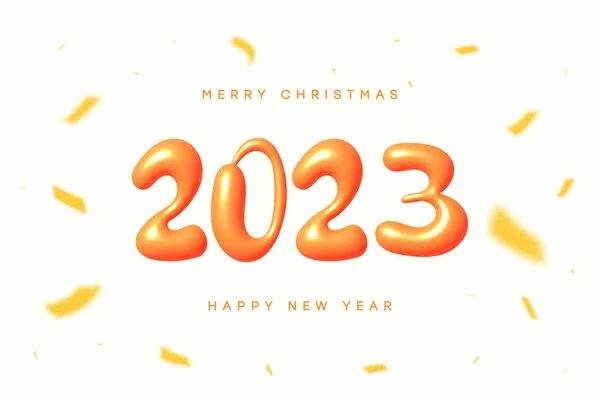 2023年あけましておめでとうございます 3Dコンフェッティと現実的な光沢のある数字 漫画スタイルで3Dプラスチックテキストと新年とメリークリスマスのバナー ノエルのお祝いポスター ベクターイラスト — ストックベクタ