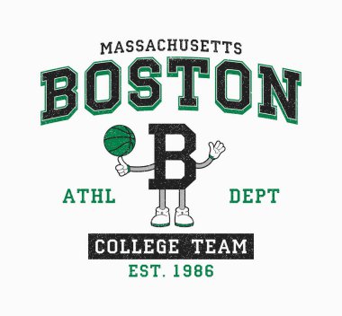 Boston basketbol tişörtü tasarımı. Massachusetts, Boston Üniversitesi tarzı tişört, maskot ve basketbol topu. Spor giysi baskısı. Vektör illüstrasyonu.