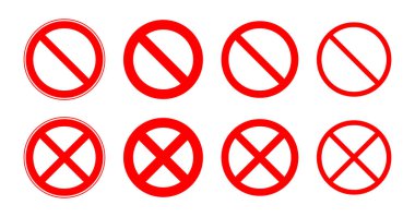 Forbidden signs set. Red round prohibition signs in different sizes. Crossed ban icons. Vector illustration.