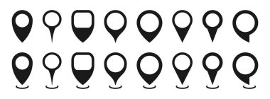 Map location pointers set. Map pin or navigation pointer. Various shapes navigation pin that mark geolocation. Location icon. Vector illustration.