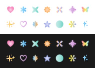 Bulanık gradyan şekiller koleksiyonlar. Soyut bulanık elementler - kalp, çiçekler, yıldızlar ve parıltılar. Rengarenk yumuşak eğimli çeşitli bulanık şekiller. Vektör illüstrasyonları.