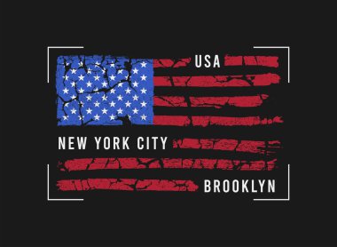 New York, Brooklyn giysi baskısı, Amerikan bayrağı. Grunge American bayrağı olan tişört tasarımı. Grunge desenli tişört için tipografi grafikleri. Vektör illüstrasyonu.