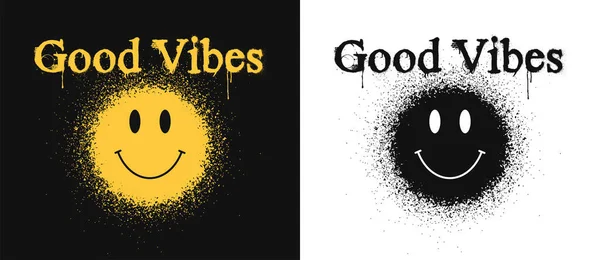 Dobre Wibracje Slogan Uśmiech Postaci Plamy Farby Graffiti Projektowania Koszulki — Wektor stockowy