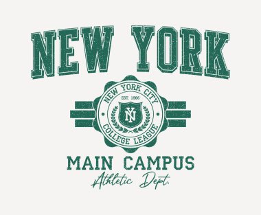 New York city college style print for t-shirt with shield and wreath. Typography graphics for New York college or university tee shirt design. Vintage sport apparel print with grunge. Vector. clipart