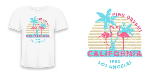 Califórnia Design Camisetas Los Angeles Com Flamingo Palmeiras Gráficos Para — Vetor de Stock