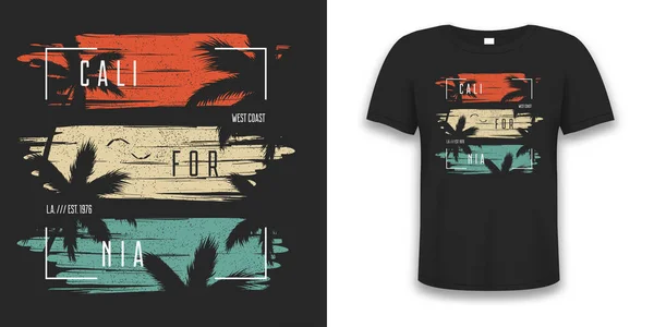 Kalifornijski Projekt Koszulki Palmami Grunge Shirt Nadrukiem Tropikalnej Sylwetki Palmy — Wektor stockowy