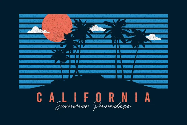 California Gráficos Tipografía Palmeras Para Camiseta Eslogan Con Sol Rayas — Vector de stock