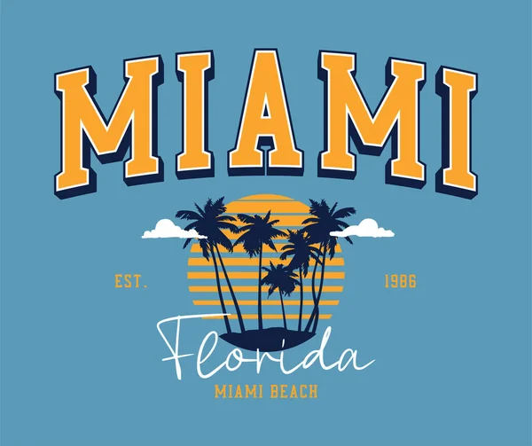 Miami Florida Design Shirt Con Palme Sole Stampa Slogan Stile — Vettoriale Stock