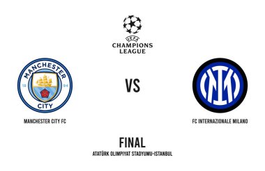 Ukrayna, Kropyvnytskyi - 18 Mayıs 2023. 2023 UEFA Şampiyonlar Ligi final maçı - Manchester City FC - Inter Milan maçı. Atatürk Olimpiyat Stadyumu - İstanbul. Şampiyonlar Ligi ve futbol kulübü logoları