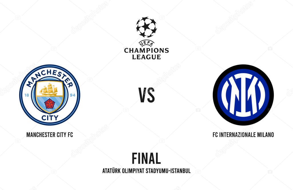 Ukraine, Kropyvnytskyi - May 18, 2023. 2023 UEFA Champions League final football match - Manchester City FC vs Inter Milan. Ataturk Olympic Stadium - Istanbul. Champions League and football club logos