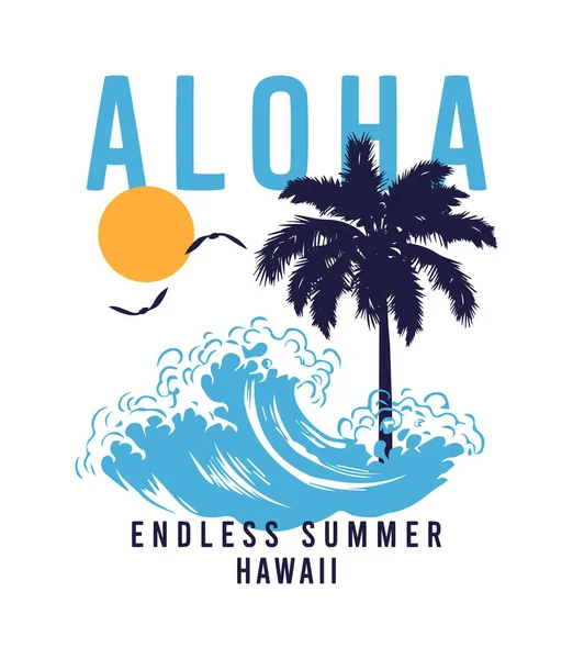 Shirt Aloha Hawaii Con Onde Palme Sole Grafica Maglietta Surf — Vettoriale Stock