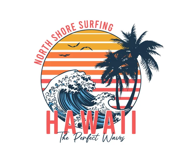Havaí Aloha Slogan Shirt Com Palmeiras Ondas Surf Shirt Gráficos — Vetor de Stock