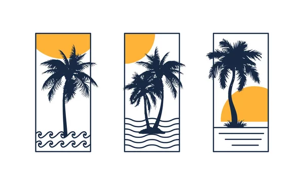 Set Summer Posters Palm Tree Silhouette Sun Line Waves Vintage — Stock Vector