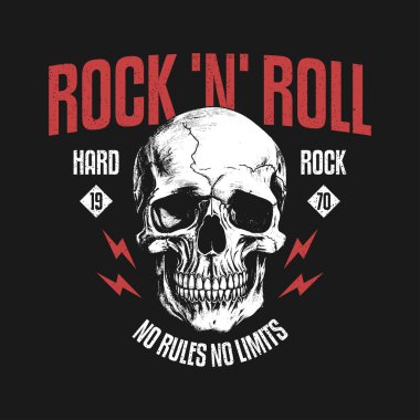 Kafatası ve sloganlı Rock 'n Roll tişörtü tasarımı. Rock müzik tişörtü grafikleri ve elle çizilmiş insan kafatası. Grunge 'lı klasik kıyafet baskısı. Vektör.