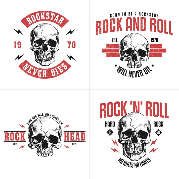 Set Shirt Rock Roll Design Con Teschio Slogan Musica Rock — Vettoriale Stock