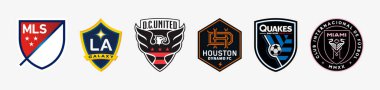Ukrayna, Kropyvnytskyi - 12 Haziran 2023. Resmi MLS top-5 futbol kulübü logosu. Büyük ABD futbol kulübü logosu Los Angeles Galaxy, D.C. United, Houston Dynamo FC, San Jose Depremleri ve Inter Miami.