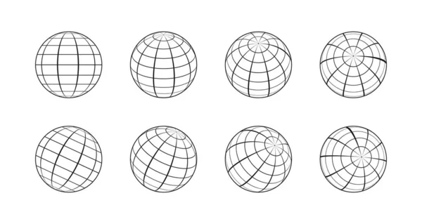 stock vector Earth globe made by grid from different sides. Set of 3d globes, grid spheres. Linear wireframe World globe in various position. Vector illustration.