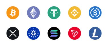 Ukrayna, Kropyvnytskyi - 26 Haziran 2023. Kripto para birimi logosu ayarlandı. En popüler kripto sikkeleri - Bitcoin, Ethereum, Lither, BNB, USD Coin, USD coin, XRP, Cardano, Solana, TRON, Litecoin. Vektör.