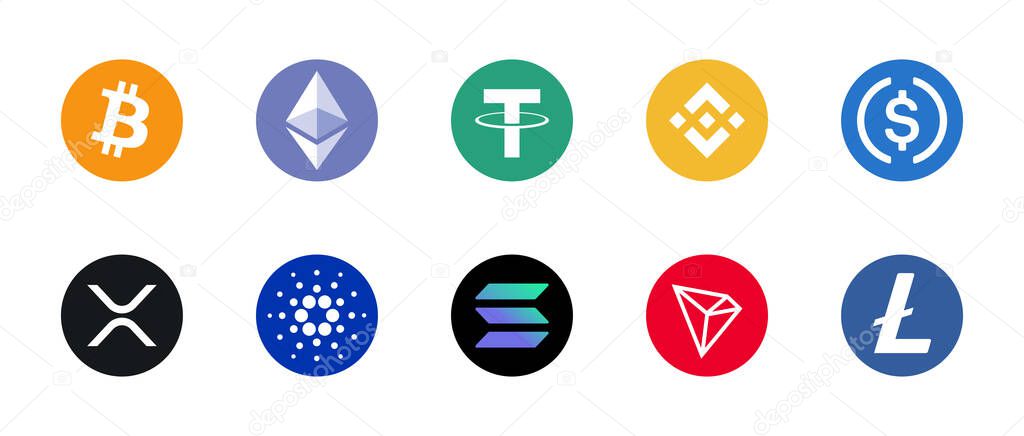 Ukraine, Kropyvnytskyi - June 26, 2023. Cryptocurrency logo set. Most popular crypto coins logotypes - Bitcoin, Ethereum, Tether, BNB, USD Coin, USD coin, XRP, Cardano, Solana, TRON, Litecoin. Vector.