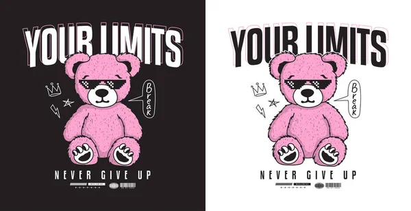 Urso Pelúcia Rosa Óculos Sol Pixel Slogan Para Design Camiseta — Vetor de Stock