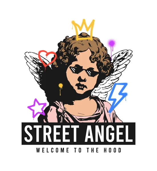 Starožitný Anděl Symboly Nakreslenými Graffiti Sloganem Pro Design Trička Grafika Stock Ilustrace
