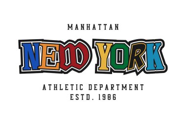 New York tişört tasarımı ve çeşitli harfler. New York, Manhattan tişört baskısı ve renkli kolej harfleri. Moda kıyafet baskısı. Vektör illüstrasyonu.
