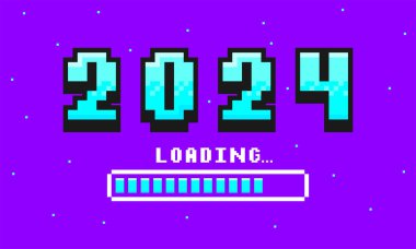 Yeni yıl için 2024 piksel resim afişi. 2024 numara 8-bit retro oyun stili ve yükleme çubuğu. Pikselleştirilmiş mutlu yıllar ve mutlu noeller kartı ya da afiş. Vektör.